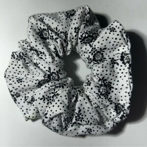 Hand Sewn White and Black Floral Scrunchie